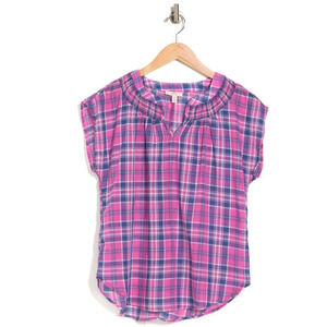 COMO VINTAGE Smocked Notch Neck Plaid Blouse